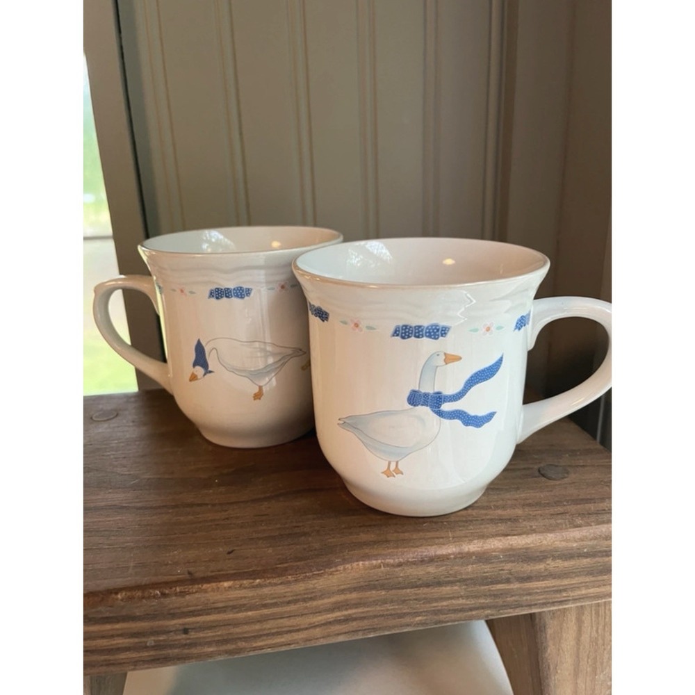 Countryside White Ceramic Mugs Goose Blue Ribbon Design Set of 2 Cottagecore